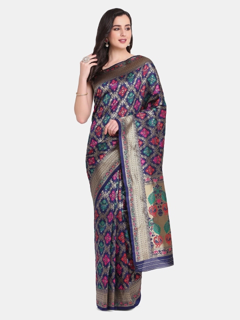 

BOMBAY SELECTIONS Navy Blue & Gold-Toned Woven Design Zari Pure Silk Kanjeevaram Saree