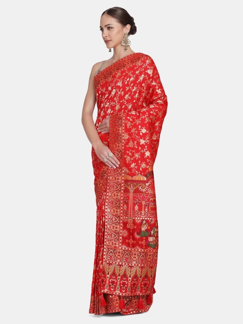 

BOMBAY SELECTIONS Red & Silver-Toned Woven Design Pure Silk Banarasi Saree