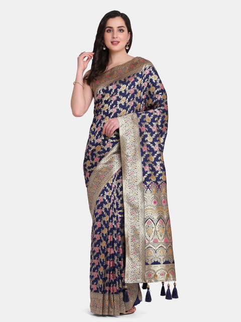

BOMBAY SELECTIONS Navy Blue & Gold-Toned Woven Design Zari Pure Silk Banarasi Saree