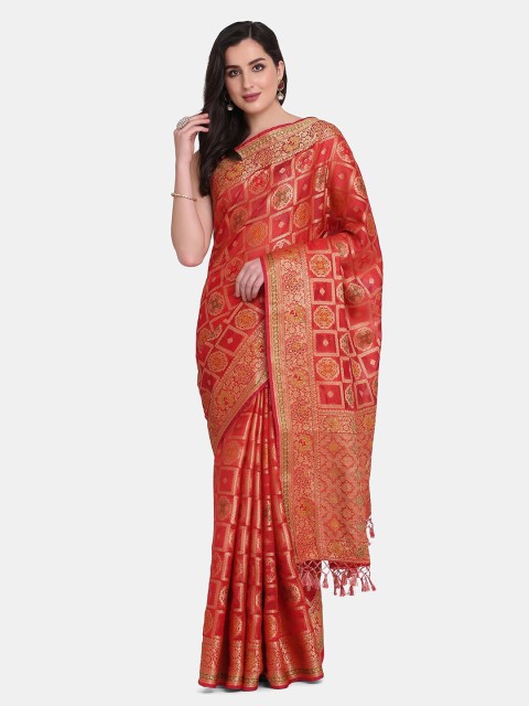 

BOMBAY SELECTIONS Red & Gold-Toned Woven Design Pure Silk Banarasi Saree