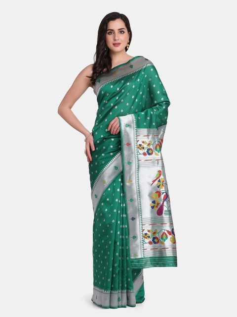 

BOMBAY SELECTIONS Green & Silver-Toned Woven Design Zari Pure Silk Kanjeevaram Saree