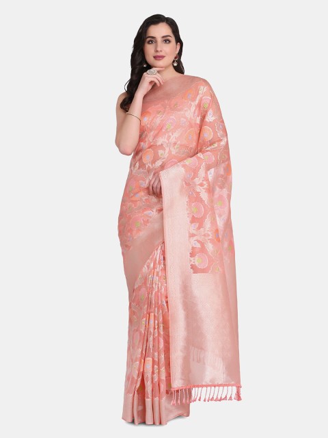 

BOMBAY SELECTIONS Pink & Silver-Toned Woven Design Zari Organza Banarasi Saree