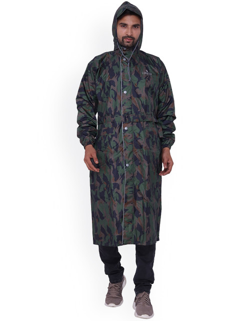 

THE CLOWNFISH Men Green & Brown Printed Waterproof Hooded Reversible Long Raincoat