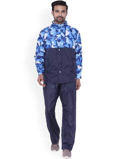 

THE CLOWNFISH Men Navy Blue & White Printed Hooded Waterproof Rain Suit
