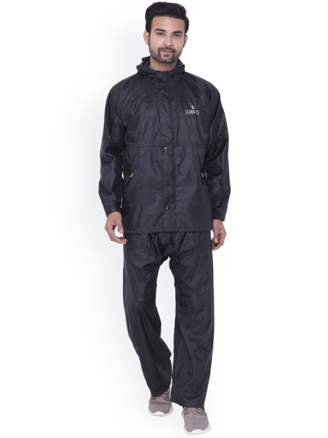 

THE CLOWNFISH Men Black Solid Waterproof Hooded Rain Suit