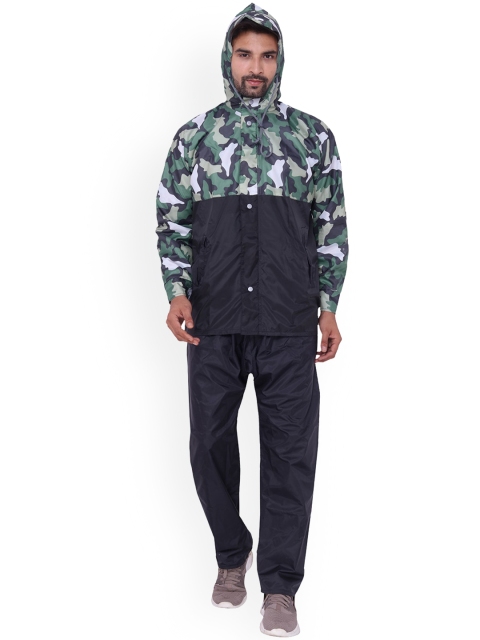 

THE CLOWNFISH Men Black Printed Hooded Waterproof Reversible Rain Suit