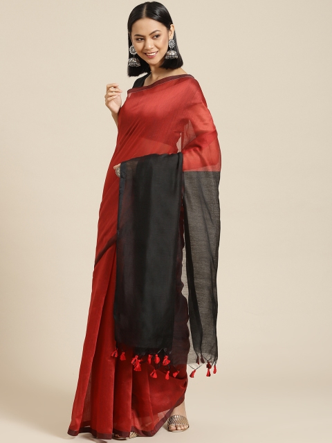 

BharatSthali Red & Black Solid Tussar Saree