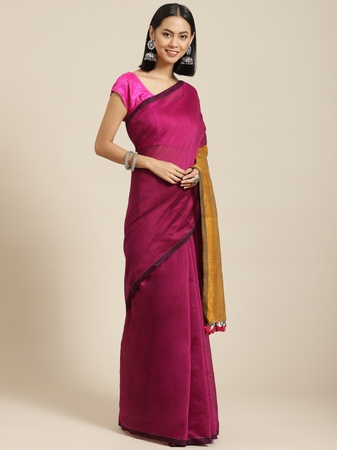 

BharatSthali Magenta & Mustard Silk Cotton Tussar Saree