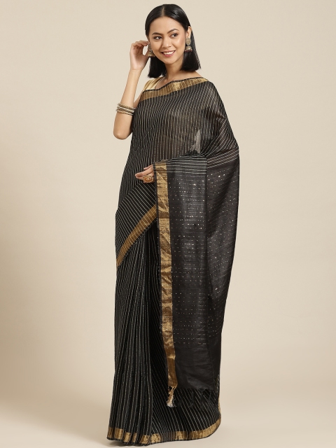 

BharatSthali Black & Golden Woven Design Striped Handloom Maheshwari Saree