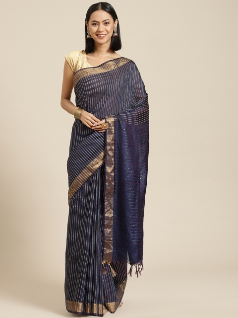 

BharatSthali Navy Blue Woven Design Striped Handloom Maheshwari Saree