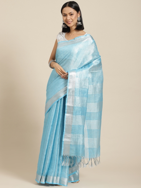

BharatSthali Blue & Silver Pure Linen Solid Banarasi Handloom Saree