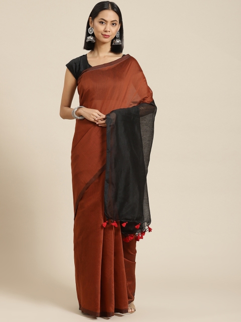 

BharatSthali Rust & Black Solid Handloom Tussar Saree