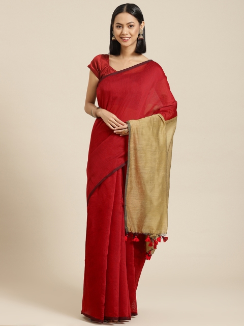 

BharatSthali Red Solid Handloom Tussar Saree