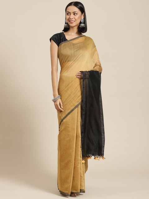 

BharatSthali Beige & Black Solid Handloom Tussar Saree