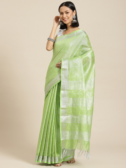 

BharatSthali Green Pure Linen Solid Banarasi Handloom Saree