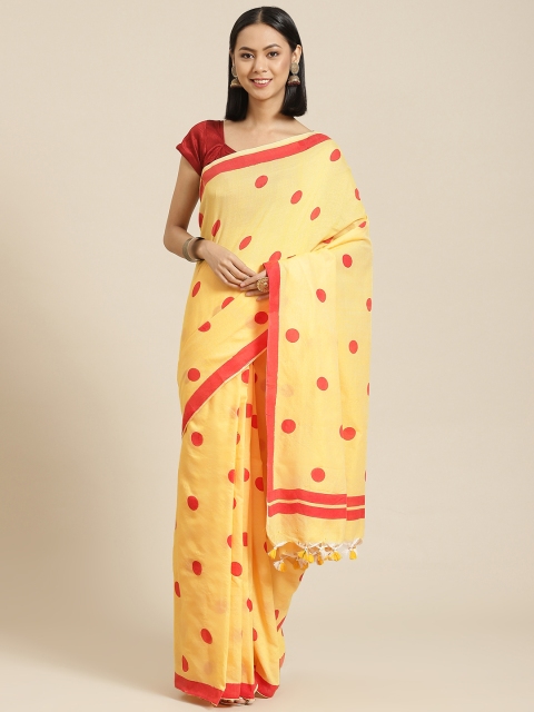 

BharatSthali Yellow & Red Polka Dots Printed Pure Cotton Jamdani Saree