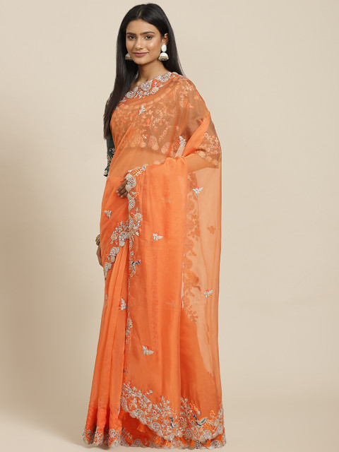 

Readiprint Fashions Orange & Green Floral Zardozi Pure Silk Saree