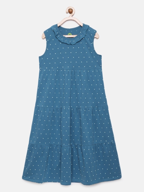 

YK Girls Blue Polka Dots Printed Cotton A-Line Dress