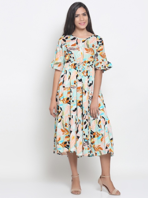 

NoBarr Multicoloured Floral Bell Sleeves Midi Fit & Flare Dress, Multi