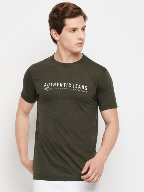 

FirstKrush Men Olive Green Typography Printed Cotton T-shirt