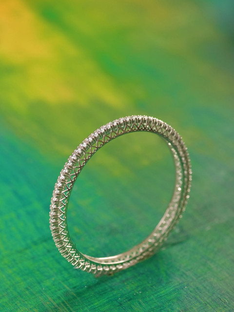 

Hiara Jewels 925 Sterling Silver Rhodium-Plated White AD-Studded Sterling Silver Bangle