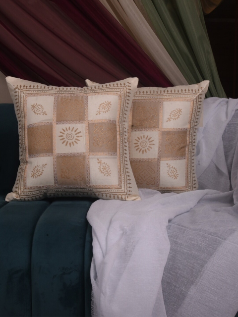 

Dreams Cream-Coloured & Gold-Toned Set of 2 Ethnic Motifs Square Cushion Covers