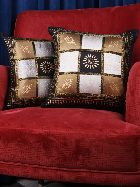 

Dreams Set of 2 Black & Gold-Toned Ethnic Motifs Square Cushion Covers