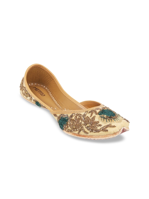 

Metro Women Gold-Toned Embellished Leather Ethnic Mojaris Flats