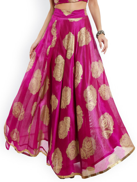 

Ira Soleil Pink Floral Block Print Flared Maxi Skirt