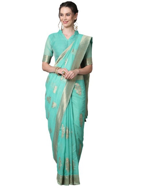 

KALINI Teal & Gold-Toned Woven Design Zari Silk Blend Saree