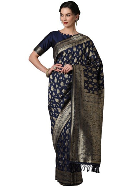 

KALINI Navy Blue & Gold-Toned Ethnic Motifs Silk Blend Saree