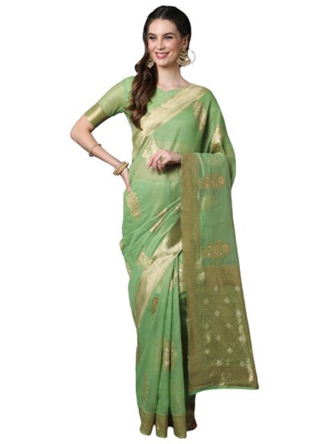 

KALINI Green & Gold-Toned Woven Design Zari Silk Blend Saree