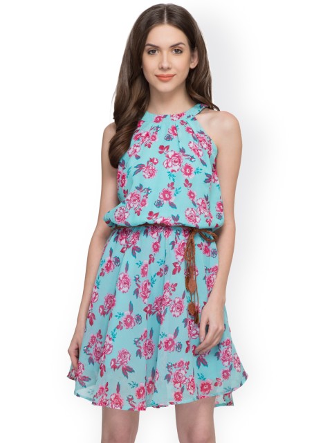 

Raindrops Women Blue Printed Blouson Dress