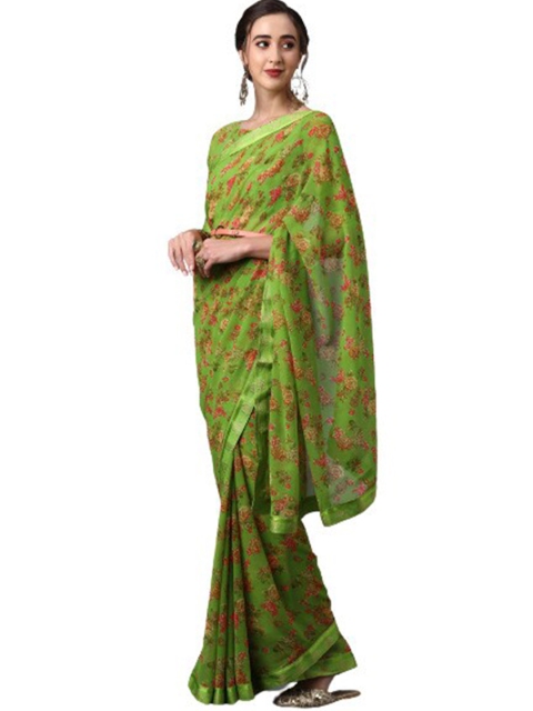 

KALINI Green & Pink Floral Pure Georgette Saree