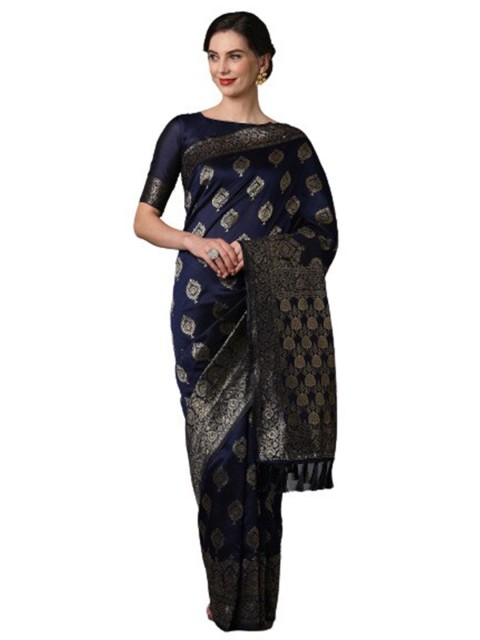 

KALINI Navy Blue & Gold-Toned Woven Design Zari Silk Blend Saree
