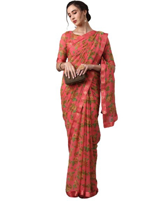 

KALINI Peach-Coloured & Green Floral Pure Georgette Saree