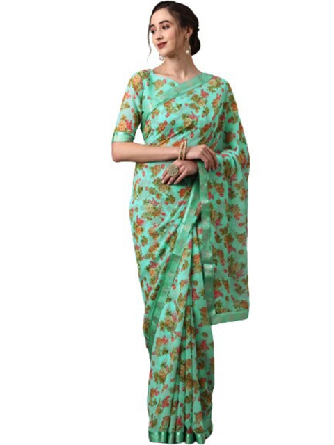 

KALINI Sea Green & Orange Floral Printed Pure Georgette Saree