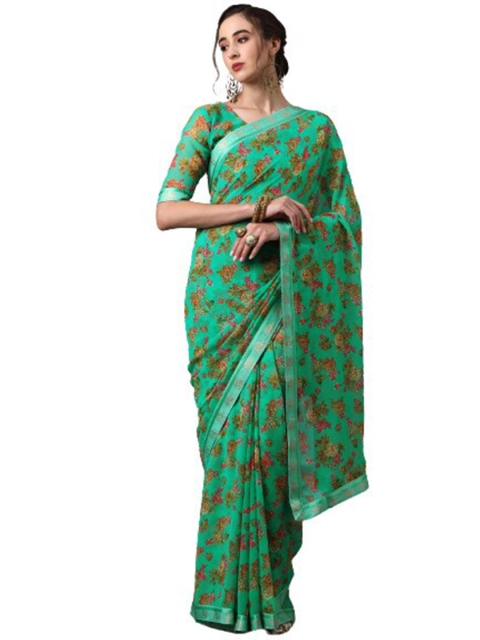 

KALINI Teal & Orange Floral Pure Georgette Saree