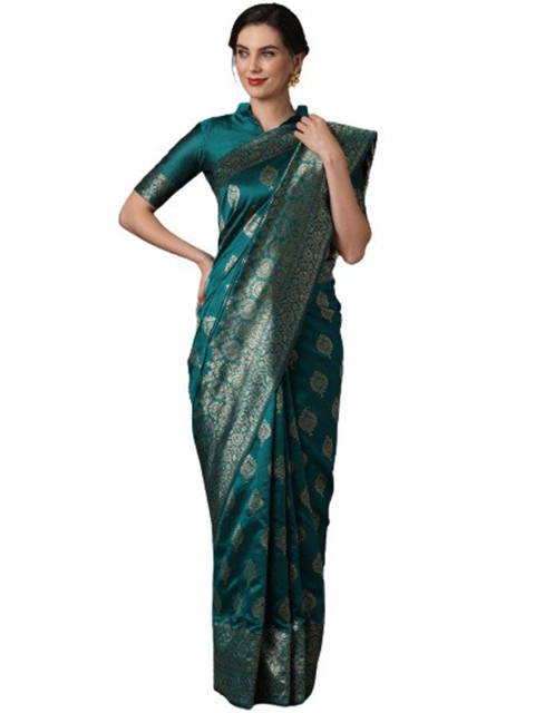 

KALINI Teal & Gold-Toned Woven Design Zari Silk Blend Saree