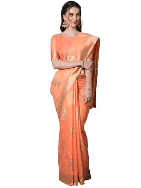 

KALINI Orange & Gold-Toned Woven Design Zari Silk Blend Saree