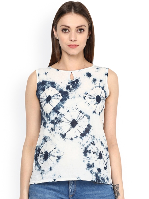 

Jaipur Kurti White & Blue Tie-Dye Print Top