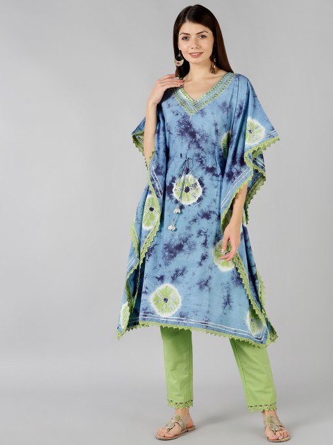 

Bani Women Blue Floral Embroidered Kaftan Kurta With Trousers