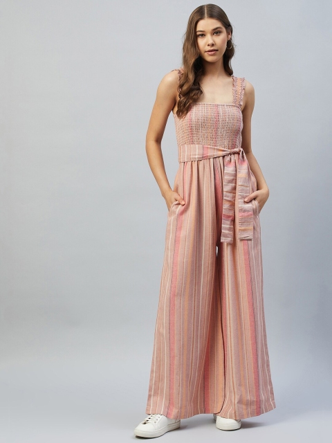 

DELAN Women Rose & Pink Linen Striped Jumpsuit