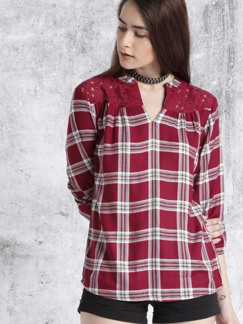 

Roadster Women Maroon & White Checked Top