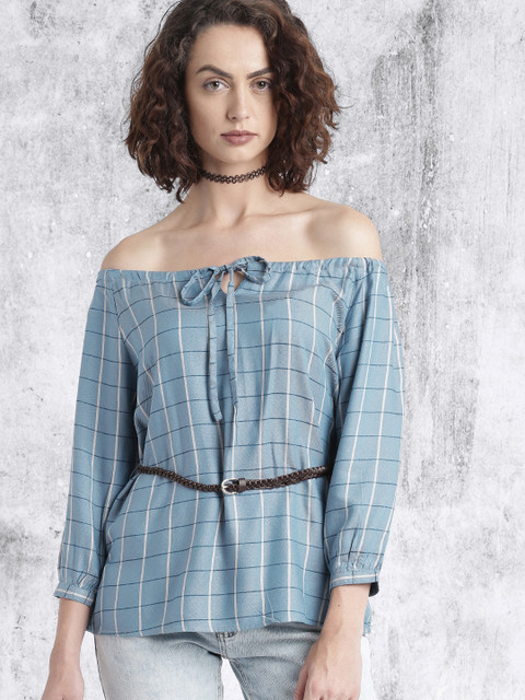 

Roadster Blue Checked Off-Shoulder Belted Top