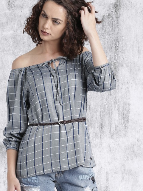 

Roadster Women Grey & Navy Checked Belted Top