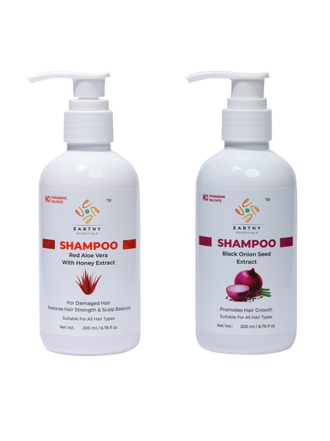 

EARTHY ESSENTIALS Set of Red Aloe Vera & Black Onion Seed Shampoo - 200 ml Each, White