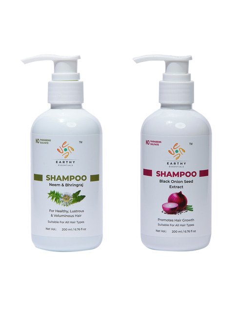

EARTHY ESSENTIALS Set of Black Onion Seed & Neem Bhringraj Shampoo - 200 ml Each, White