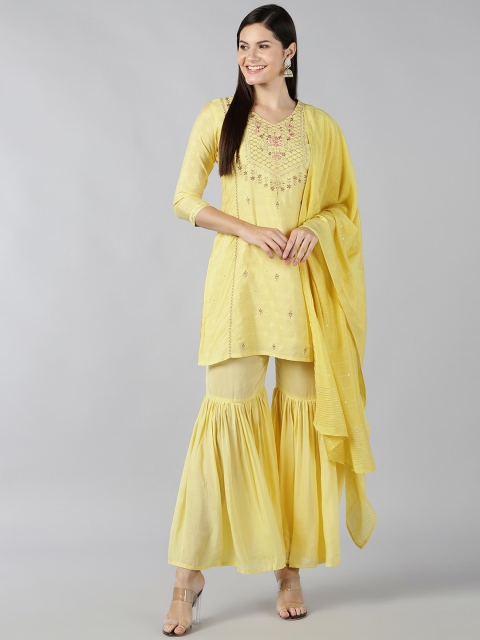 

Bani Women Yellow Ethnic Motifs Embroidered Panelled Thread Work Chanderi Cotton Kurti with Sharara & With