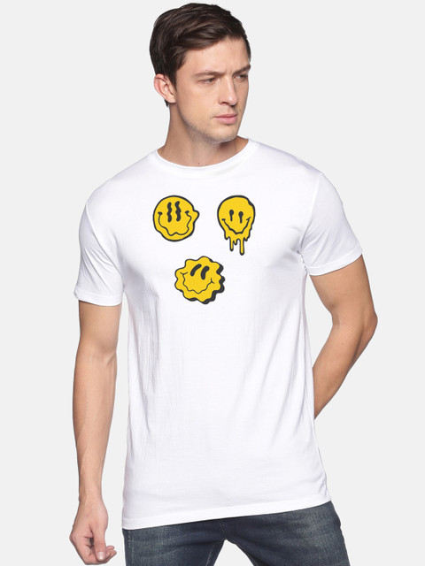 

BLACK RADIO Men White & Yellow Printed Slim Fit Cotton T-shirt